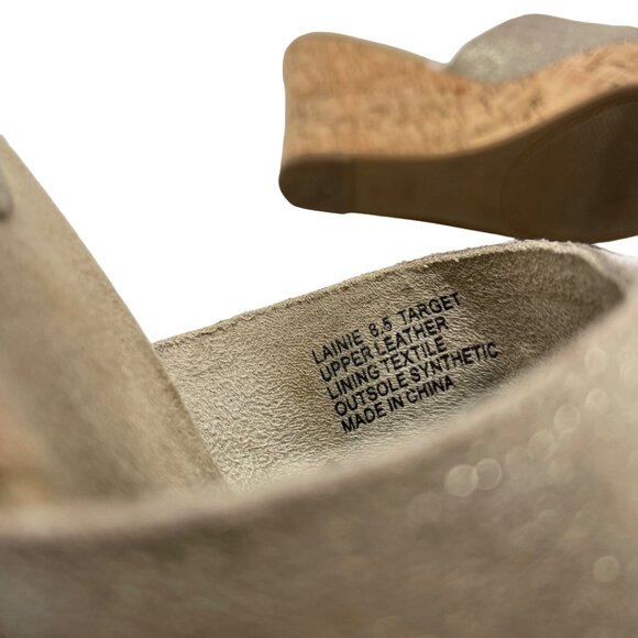 70 Post Paris Lainie Gold Leather Wedge Size 8.5 Open Toe Cork Heel - Picture 8 of 9